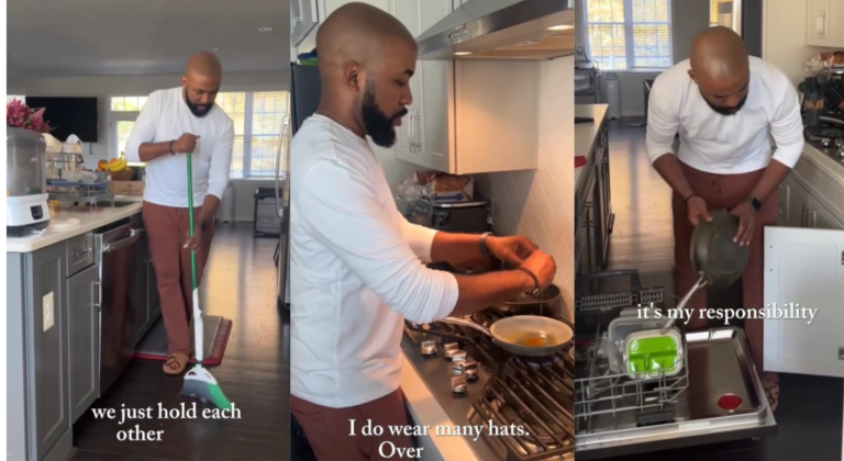 “Marriage is 100-100 not 50-50” – Banky W says as he shows himself cooking, cleaning, and caring for his family (video)