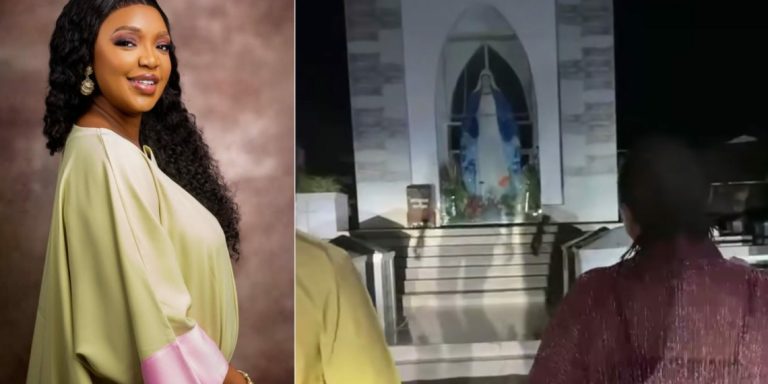 “Is this not idol worshipping?” – Fans query actress, Ekene Umenwa as she dedicates child to Mother Mary