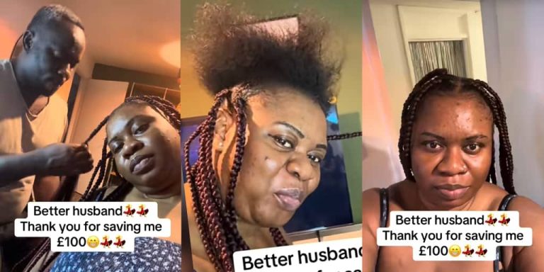 “Better husband, thank you for saving me £100 salon costs” – Abroad-based Nigerian woman praises husband for braiding her hair