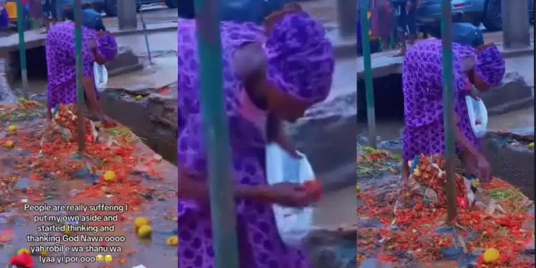 ”No one wishes to see his or her mother in this situation” – Nigerian woman sparks emotions as she picks discarded roadside tomatoes amid tough economy