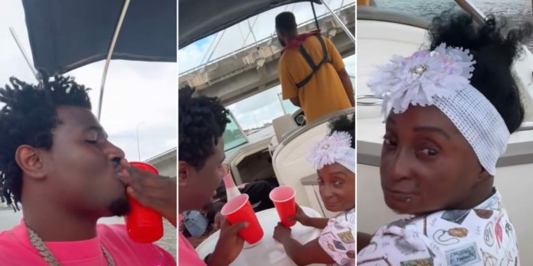 Nasty Blaq and Aunty Ramota on lovey-dovey boat cruise sparks reactions (VIDEO)