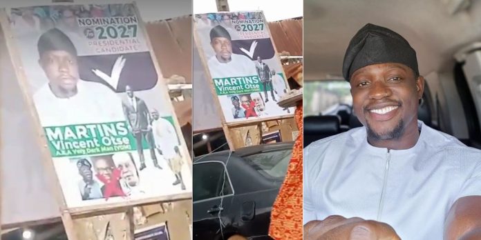 “I will be the first person to cast my vote” – Nigerians react as video shows banner of Verydarkman running for Presidential election ahead of 2027 (Watch)