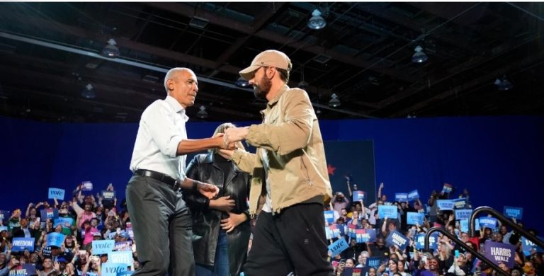 Watch Barack Obama rap Eminem’s ‘Lose Yourself’ at Kamala Harris’ rally in front of the rapper (video)