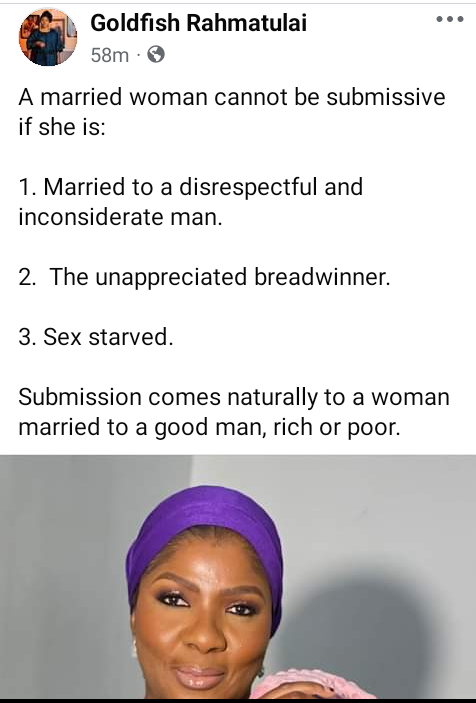 “A woman can’t be submissive if she is sex starved, unappreciated breadwinner and married to a disrespectful man” – Nigerian lawyer shares