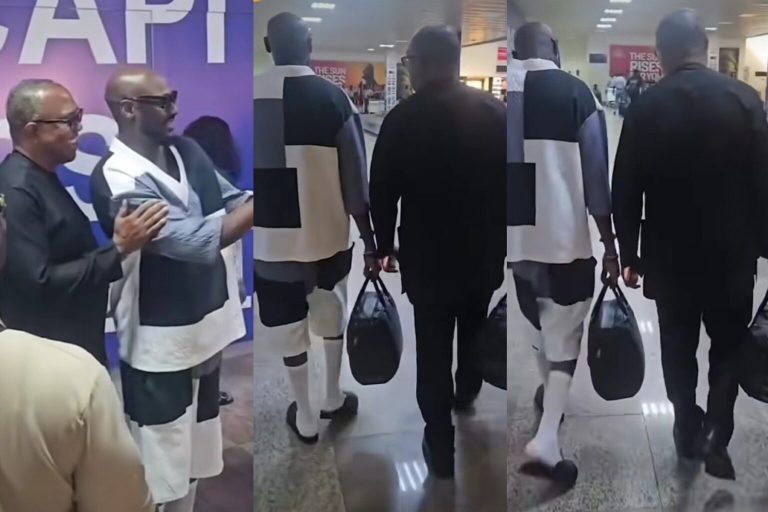 ”Plenty of impactful and massive knowledge” – 2baba writes as he meets Peter Obi at the airport, helps him carry his bag