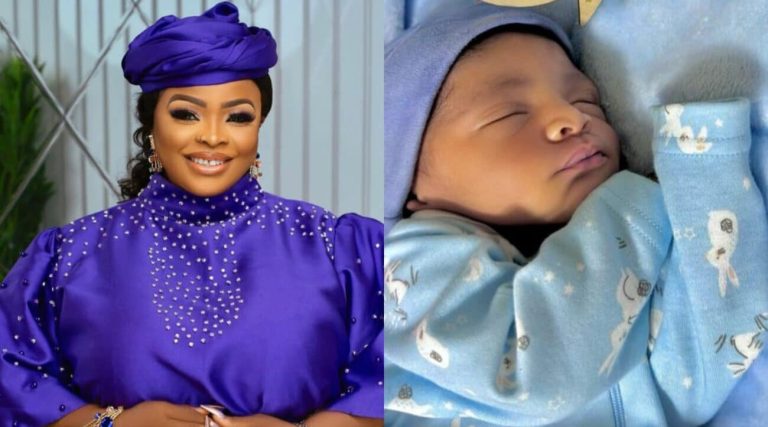 “Aw such a cutie” – Reactions as Dayo Amusa shares first photo of her newborn son, reveals his name