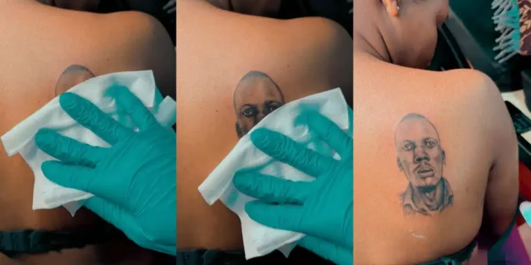 Reactions as lady tattoo’s boyfriend’s face on her back (Video)