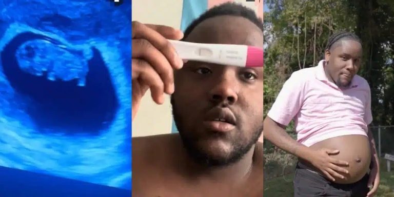 “You dey whine God?” – Viral video of 1st pregnant dad in the world gets people talking online (Watch)