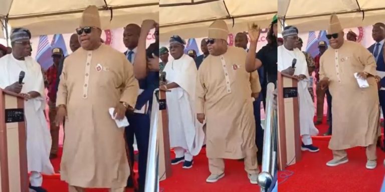 “This man will live long it’s not about money, it’s about happiness and exercise” – Moment Osun Governor Ademola Adeleke dances so hard while with Obasanjo at the commission of a project stirs reaction (Video)