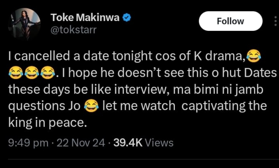 “Dates these days be like interview, jamb questions” – Toke Makinwa