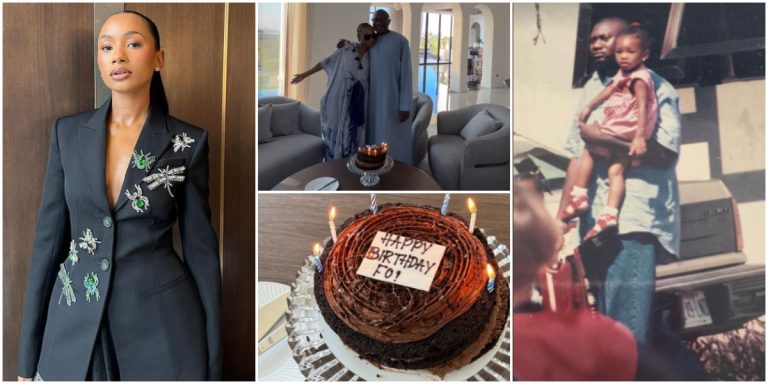 “Billionaire go buy small cake to celebrate his birthday but poor man will borrow money to buy a giant cake just to please people” – Reaction as Temi Otedola celebrates father’s birthday in style