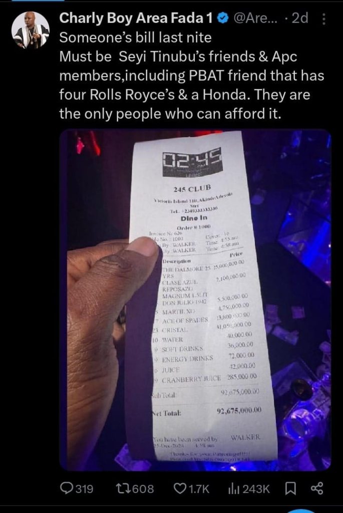 Must be Seyi Tinubu’s friends and APC members, they’re the only people who can afford it – Charly Boy reacts as man spends N92 million at a bar in one night