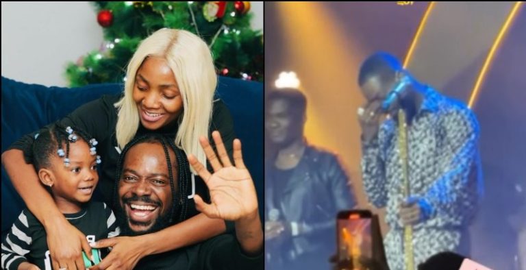 Adekunle Gold cries on stage as he receives lovely message from his wife and daughter during concert