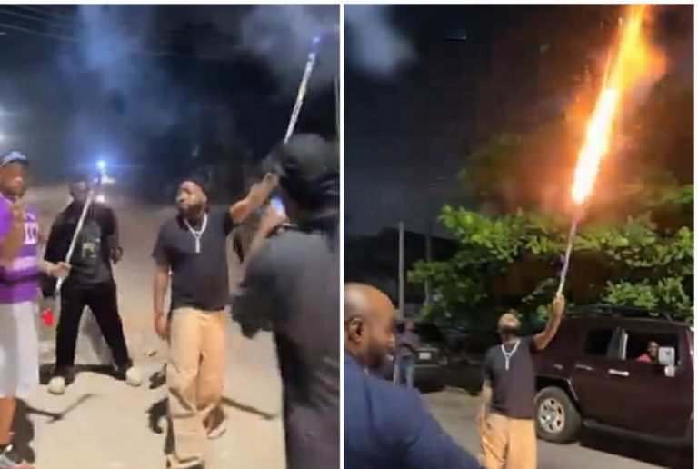 Reactions pour in as Davido and crew hit the streets during Christmas, light up the sky with rockets (VIDEO)