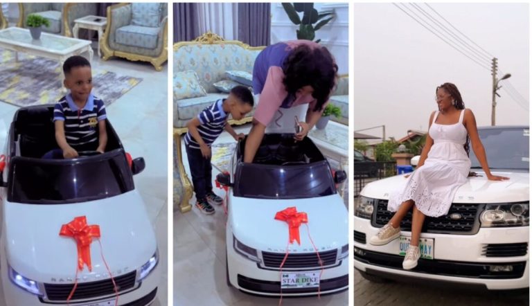 Judy Austin and Yul Edochie present their son with Toy White Range Rover car days after May got a White Range Rover car