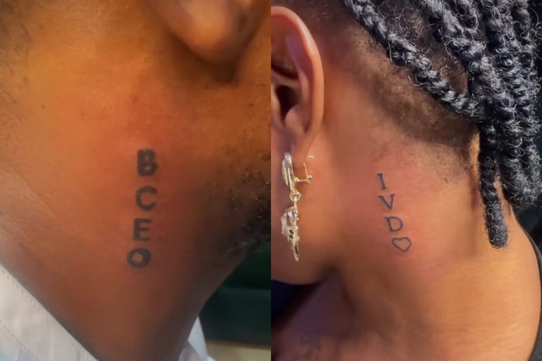 Blessing CEO and IVD stir reactions as they tattoo each other’s names on their necks to symbolize their love (Video)
