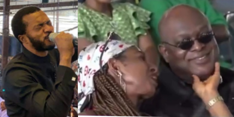 Reactions trail video of moment lady was caught on camera caressing her husband in Ebuka Obi’s church during service (Video)