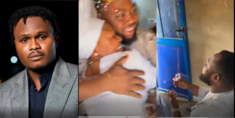 “Ah the guy is his son’s age mate nah” – Netizens reacts as Oluwadolarz’s mum gets engaged to young lover, locks lips with him (Video)