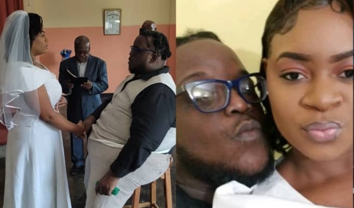 “Love is sweet and blind” – Outrage online as oversize man ties the knot with lover while seated (Video)