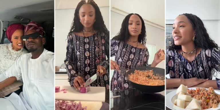 “See how her hands dey shakę” – Video of Temi Otedola learning how to cook yam and egg sauce from male chef surfaces (Watch)